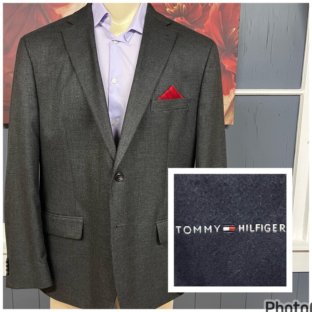 Tommy Hilfiger Blazer Sport Coat Mens 48R‎ Polyester Stretch Dark Gray Jersey